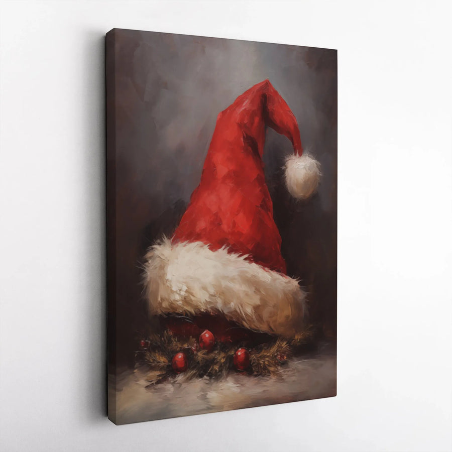 Santa Hat Canvas Wall Art | Impressionist Oil Painting Style | Premium 1.25 inch Gallery Wrap | Rustic Christmas Home Decor Gift