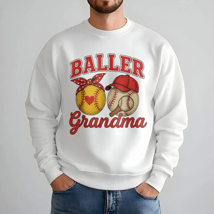 Baller Grandma Baseball Softball Sweatshirt | Retro Sport Team Mom Design | Premium Cotton Blend | Game Day Gift for Nana and Grandmother
