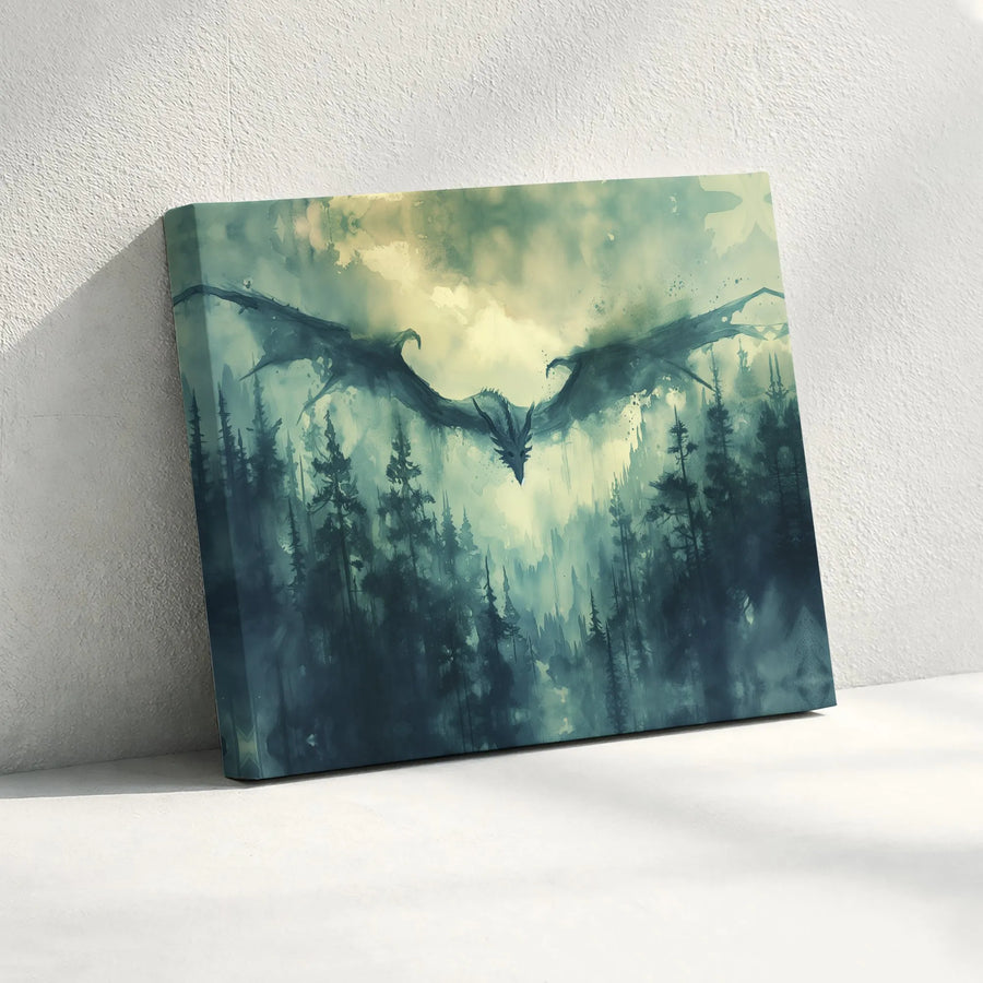 Dragon Wall Art | Watercolor Misty Forest Landscape Canvas | Premium Fade-Resistant Gallery Print | Fantasy Decor Gift for Home Office