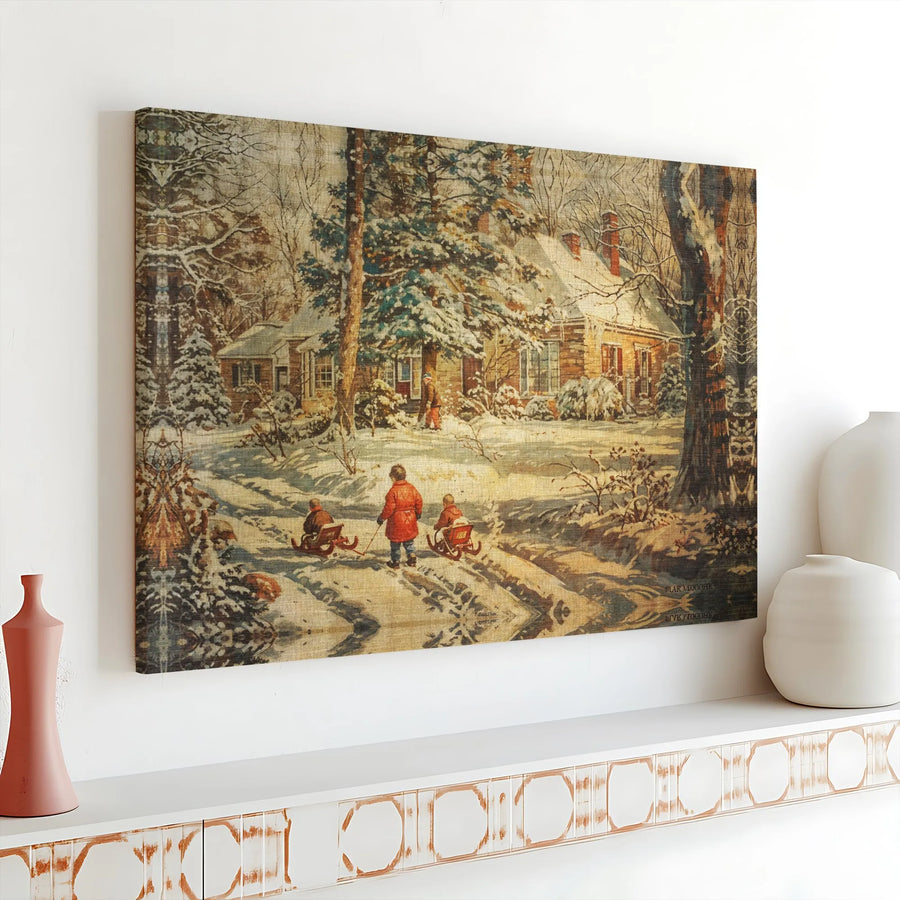 Vintage Winter Scene Canvas Print | Children Sledding by Snowy Cottage | 1.25 Inch Gallery Wrap | Nostalgic Christmas Wall Art for Home Decor