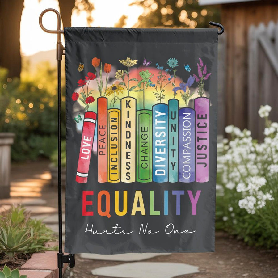 Equality Garden Flag | Floral Books Diversity Pride Decor | Durable Polyester Outdoor Yard Flag | Inclusive Social Justice Home Gift