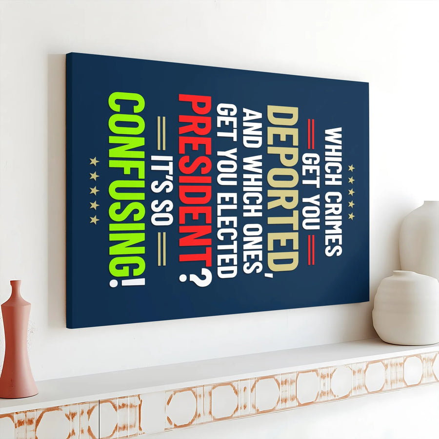Political Satire Canvas Print | Which Crimes Get You Deported Quote | Premium Fade-Resistant Art | Funny Political Gift for Liberal Home Decor