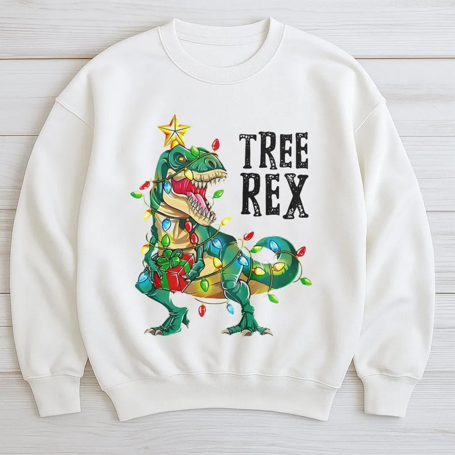 Tree Rex Christmas Sweatshirt | Funny Dinosaur Holiday Graphic | Premium Cotton Blend Crewneck | Unisex Ugly Xmas Sweater Gift for Kids and Adults
