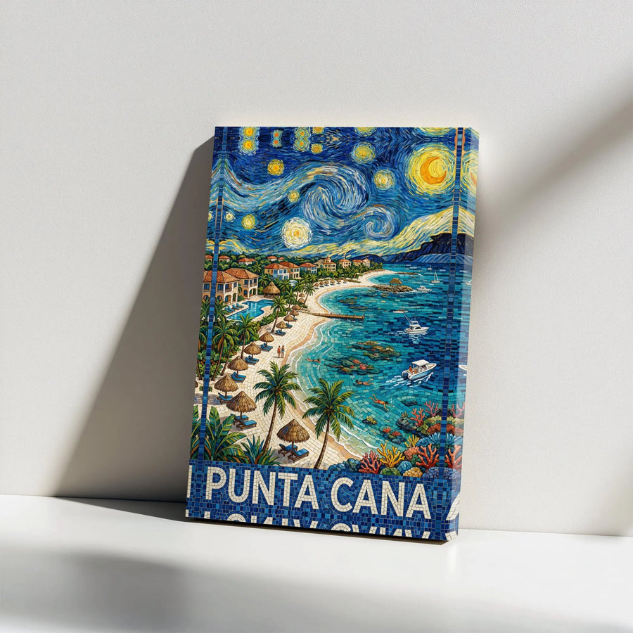 Punta Cana Canvas Wall Art | Starry Night Style Mosaic Art | Premium Canvas Print | Tropical Home Decor Souvenir Gift