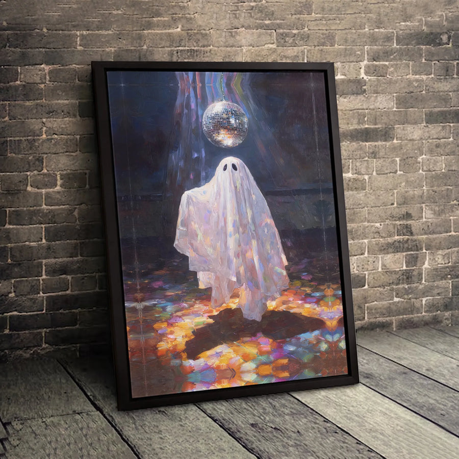Disco Ghost Canvas Print | Spooky Aesthetic Disco Ball Oil Painting | Premium Gallery Wrap Wall Art | Trendy Halloween Home Decor