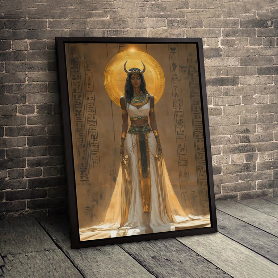 Ancient Egyptian Goddess Hathor Canvas | Golden Sun Disk Mystical Art | Premium Fade-Resistant Wall Decor | Spiritual Home Office Gift