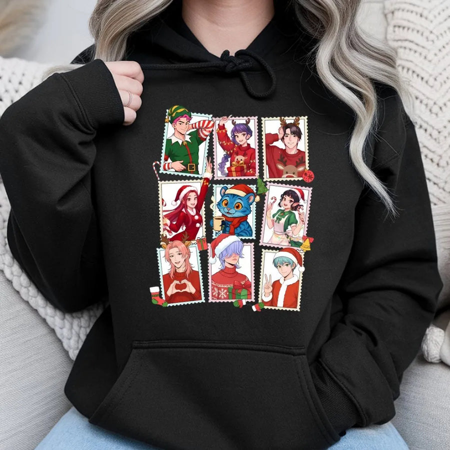 Anime Christmas Hoodie | Cute Manga Boys Holiday Postage Stamp Graphic | Premium Soft Unisex Pullover | Festive Gift for Anime Lovers