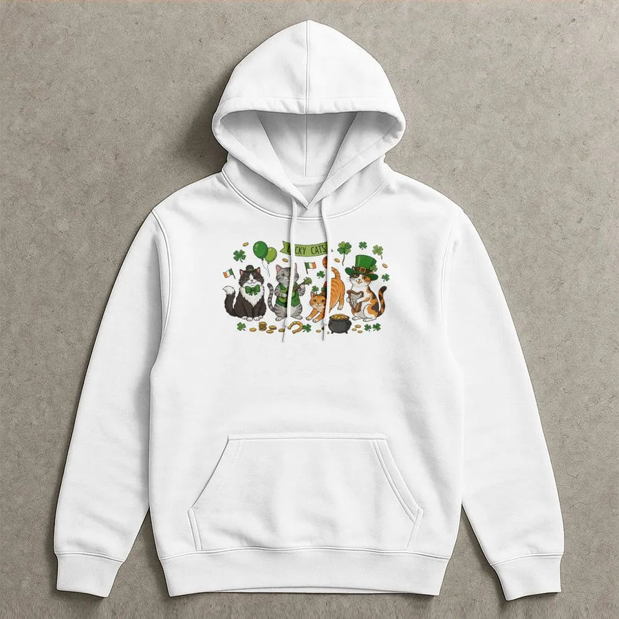 Lucky Cats St Patricks Day Hoodie | Cute Irish Kitten Graphic Print | Premium Cotton Blend Sweatshirt | Fun Gift for Cat Moms and Animal Lovers