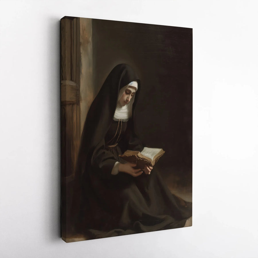Religious Art Vertical Canvas | Vintage Nun Reading Book Painting | Fade-Resistant Premium Print | Catholic Home Decor Gift