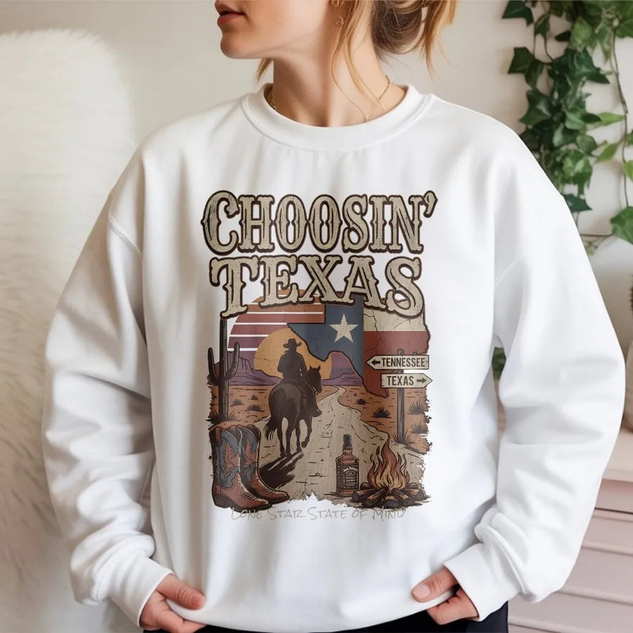 Texas Sweatshirt | Retro Western Graphic Pullover | Soft Cotton Blend Crewneck | Funny Lone Star State of Mind Gift for Texan