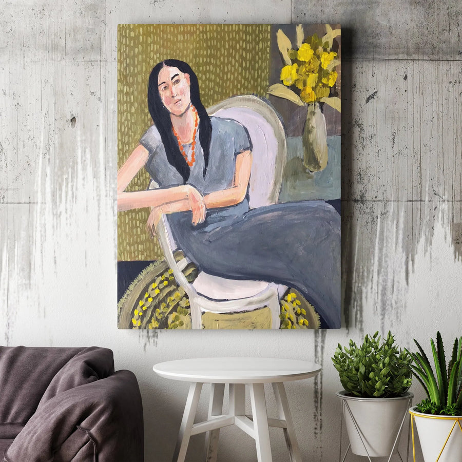 Woman with Yellow Flowers Canvas Print | Modern Figurative Painting Print | Premium Gallery Wrapped Canvas | Collector's Living Room Wall Decor