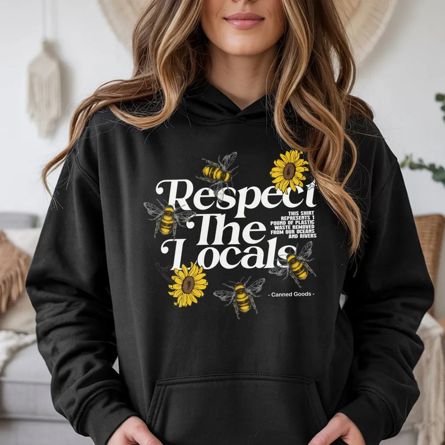 Respect The Locals Bee Graphic Hoodie | Sunflower Nature Lover Print | Premium Cotton-Blend | Unisex Eco-Conscious Gift For Gardeners
