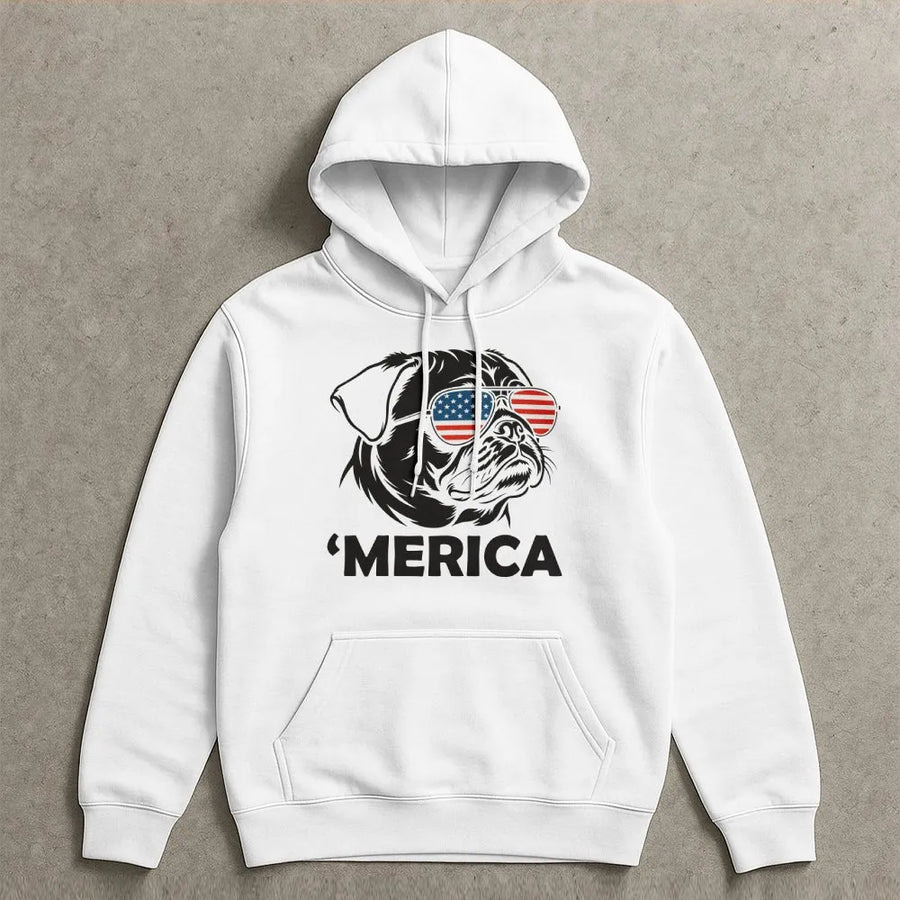 Funny 4th of July Pug Hoodie | 'Merica Dog with Sunglasses | Premium Soft Cotton Blend | Patriotic Gift for Pug Owner