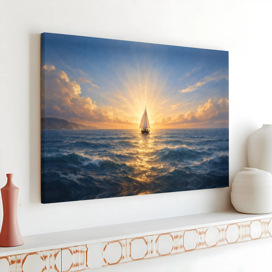 Sailboat at Sunrise Canvas Wall Art | Coastal Seascape Artwork | Premium Matte Canvas Print | Nautical Wall Decor Gift