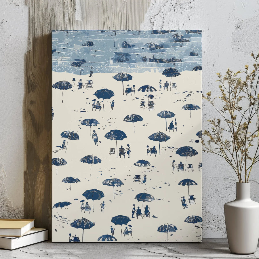 Coastal Beach Scene Canvas | Blue and White Umbrella Art | Premium Gallery Wrapped Print | Modern Nautical Decor for Living Room or Office