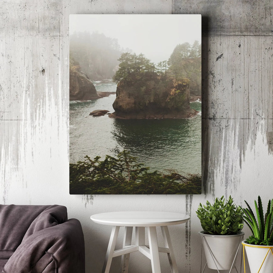Coastal Landscape Wall Art | Misty Pacific Northwest Sea Stacks | Gallery Quality Canvas Print | Modern Nature Home Decor Gift