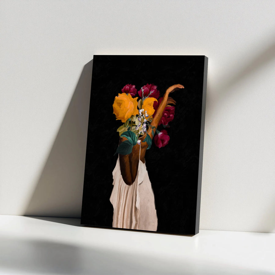 Black Woman Floral Canvas Print | Surreal Botanical Portrait Art | Premium Gallery Wrapped Canvas | Modern Afrocentric Wall Decor Gift