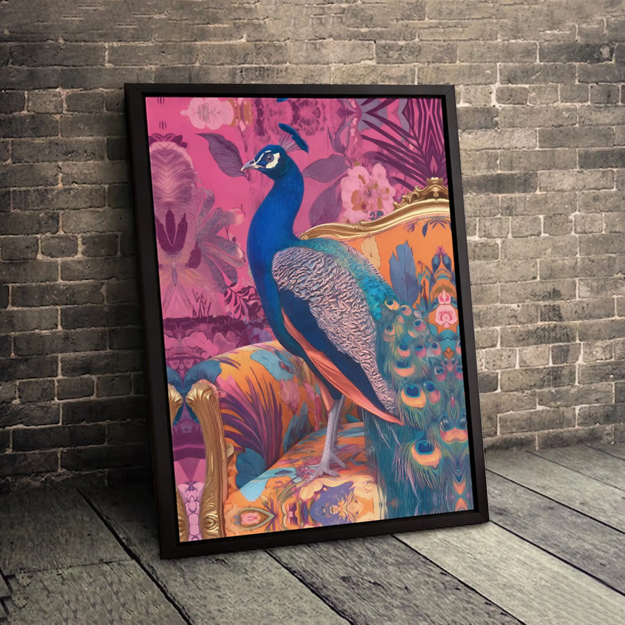 Peacock Wall Art Canvas | Vibrant Pink Floral Bird Portrait | Gallery Quality 1.25-inch Profile | Elegant Home Decor Gift
