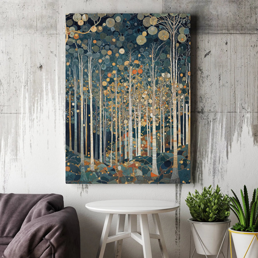 Abstract Birch Tree Forest Canvas Wall Art | Whimsical Circular Leaf Pattern | Gallery-Wrapped Premium Print | Nature-Inspired Home Decor Gift
