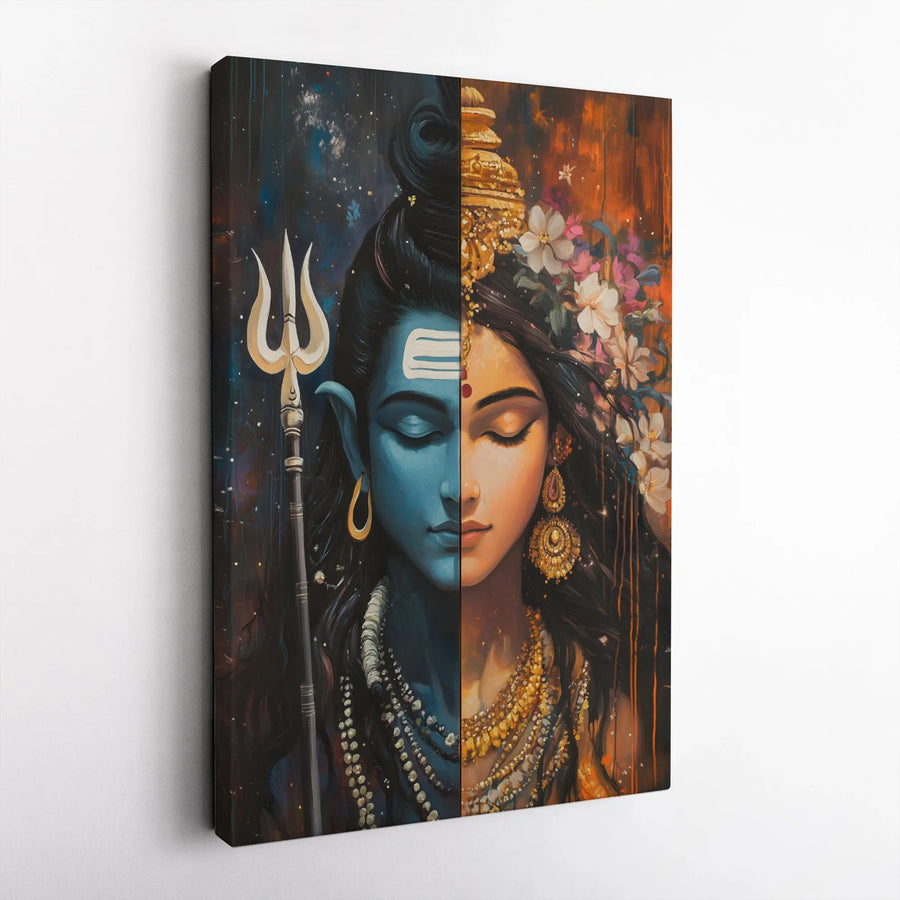 Ardhanarishvara Canvas Wall Art | Lord Shiva and Parvati Split Face Design | Premium Gallery-Wrapped Print | Spiritual Home Decor Gift