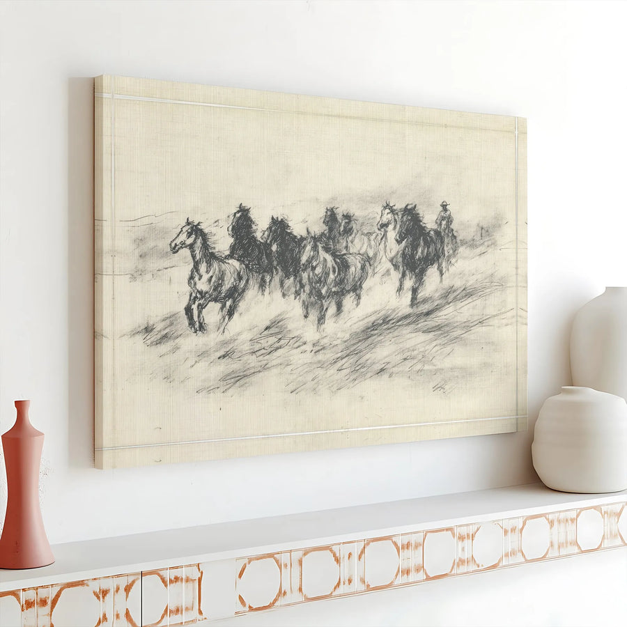 Western Horse Canvas Wall Art | Cowboy Herding Wild Horses Charcoal Sketch | Premium Gallery Wrap Canvas | Rustic Farmhouse Home Decor Gift