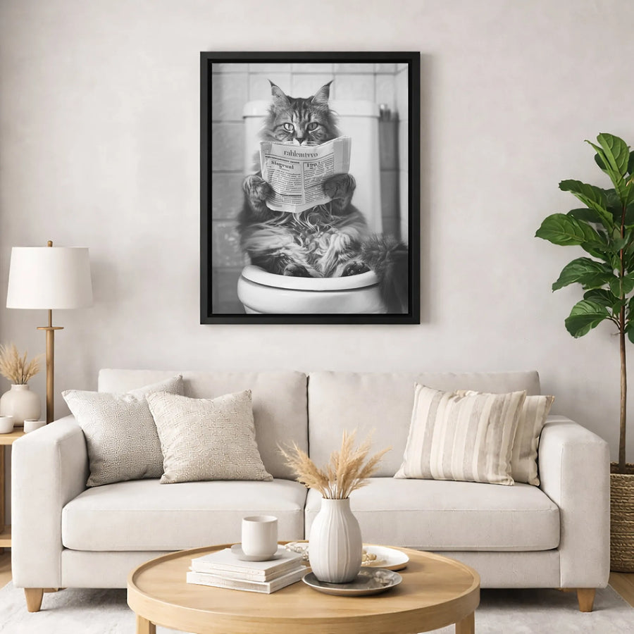 Funny Cat Reading Newspaper Canvas | Whimsical Bathroom Wall Art | Premium Gallery Wrapped Print | Unique Gift for Cat Lovers