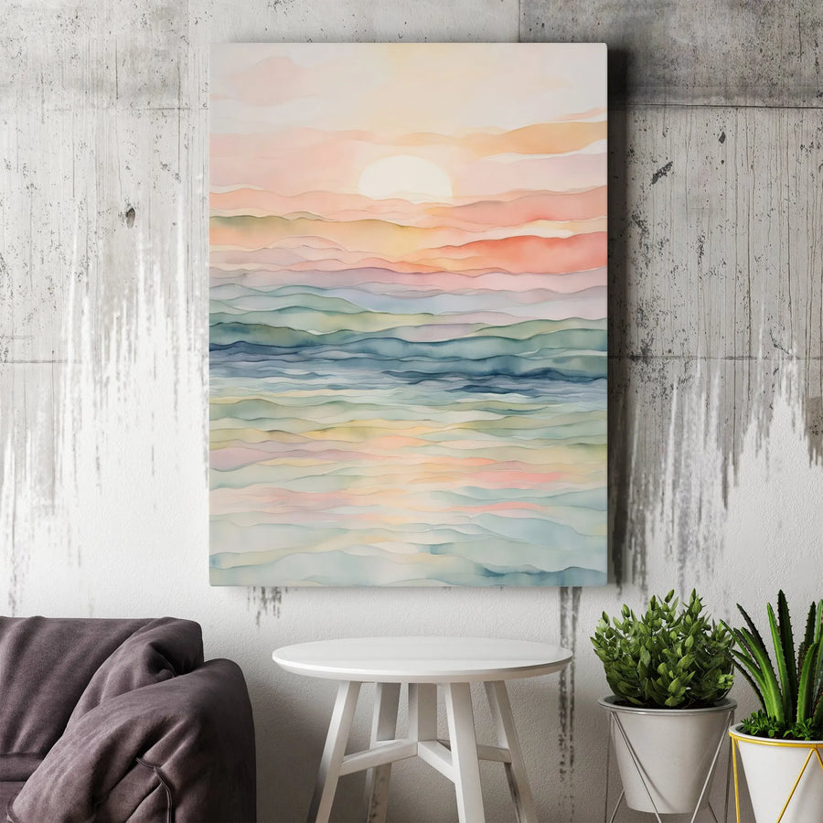 Abstract Sunrise Canvas Wall Art | Watercolor Ocean Waves Print | Premium Thick Gallery Wrap | Modern Minimalist Wall Decor Gift