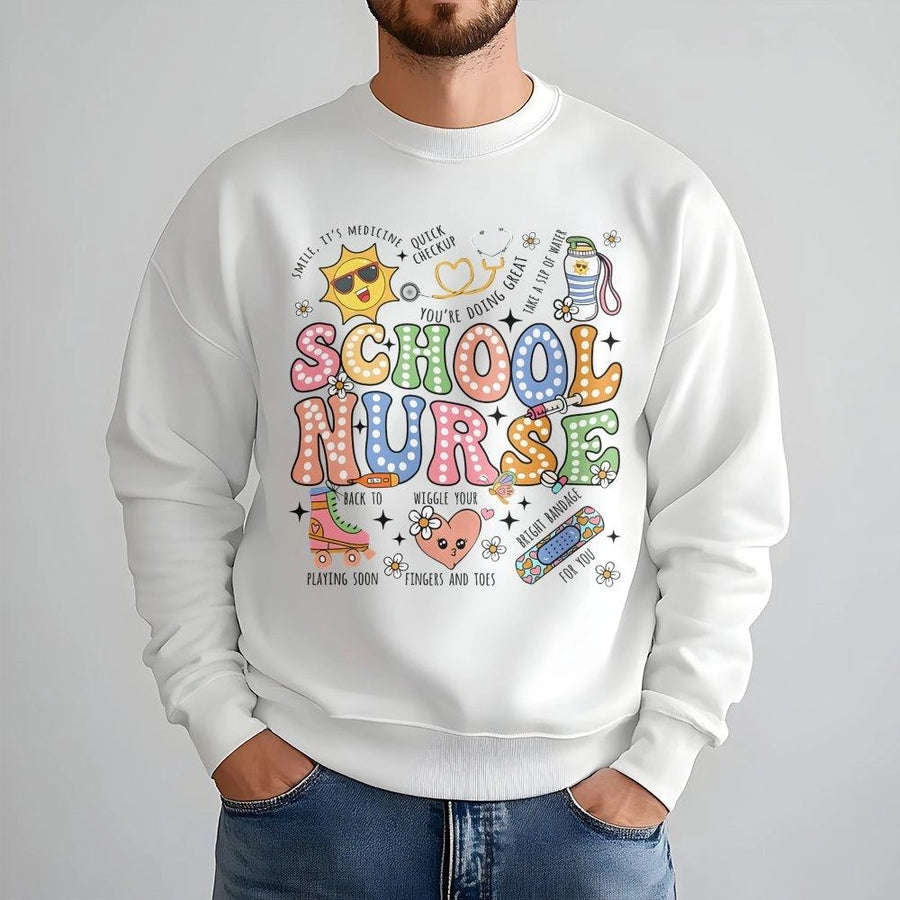 School Nurse Sweatshirt | Retro Groovy Nurse Life Design | Cotton-Poly Blend Crewneck | Cute Nurse Appreciation Gift For Nursing Students