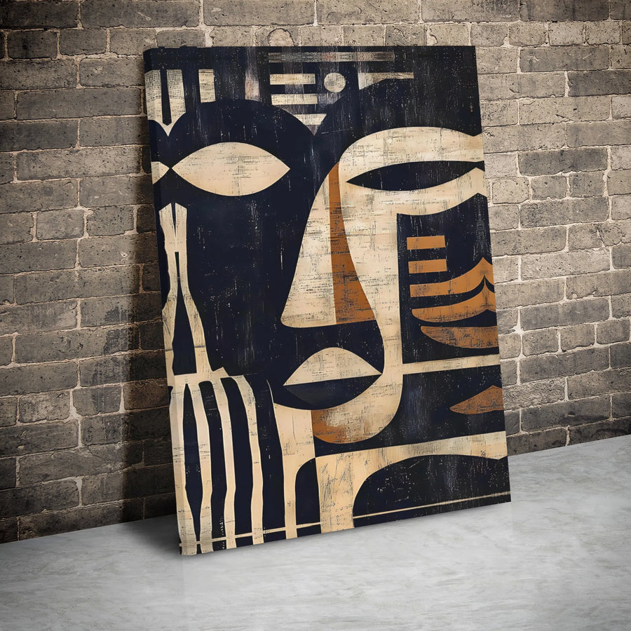 Abstract Tribal Face Canvas Art | Modern Black and Beige Minimalist Wall Decor | Premium 1.25" Gallery Wrap | Unique Statement Piece for Home Office