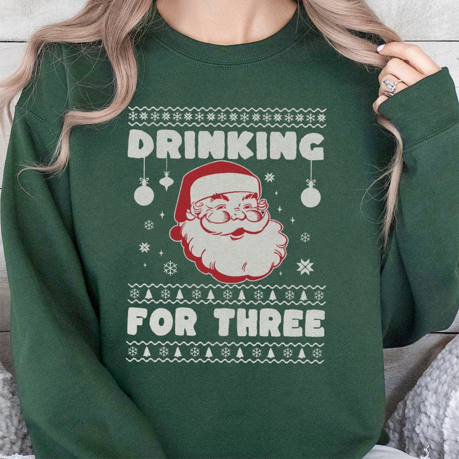 Drinking For Three Christmas Sweatshirt | Funny Pregnancy Announcement | Premium Cotton Blend Crewneck | Holiday Expecting Mom Gift Idea