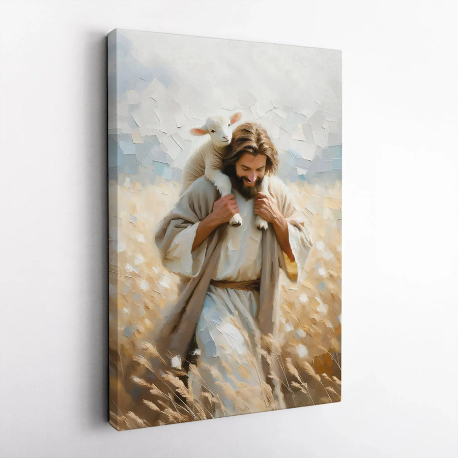 Jesus Christ Good Shepherd Canvas Art | Jesus Carrying Lost Lamb Painting | Premium Gallery Wrapped Canvas | Christian Home Decor Gift