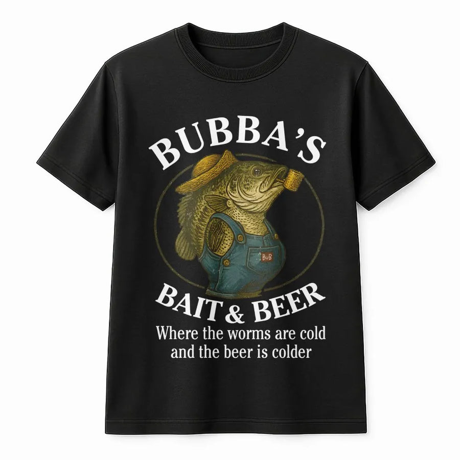Bubba's Bait & Beer T-Shirt | Funny Fishing Graphic Tee | Premium Cotton Casual Wear | Great Gift for Fishermen, Outdoorsmen & Beer Lovers