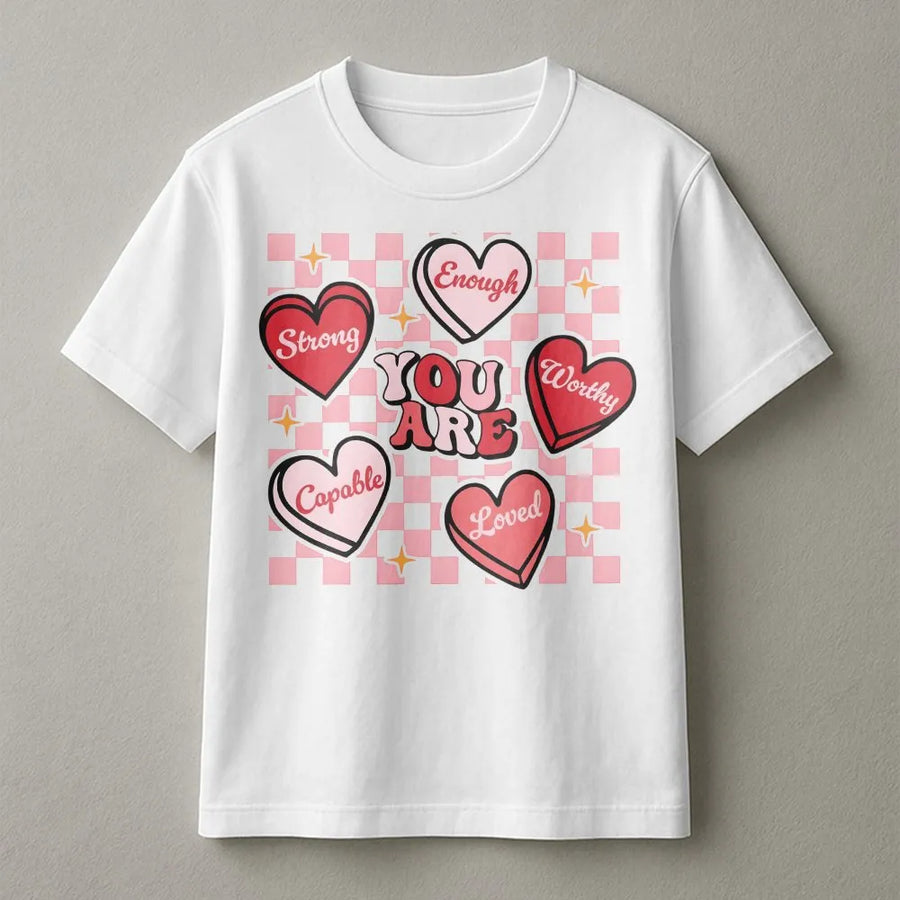 You Are Enough T-Shirt | Retro Checkerboard Heart Graphic | Premium Soft Cotton | Inspirational Self-Love Positive Mental Health Gift