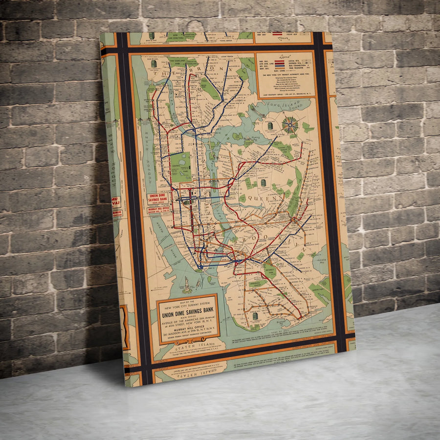 NYC Subway Map 1954 Canvas Print | Vintage New York City Transit Wall Art | Premium Gallery Wrapped Decor | Gift for NYC History Buffs