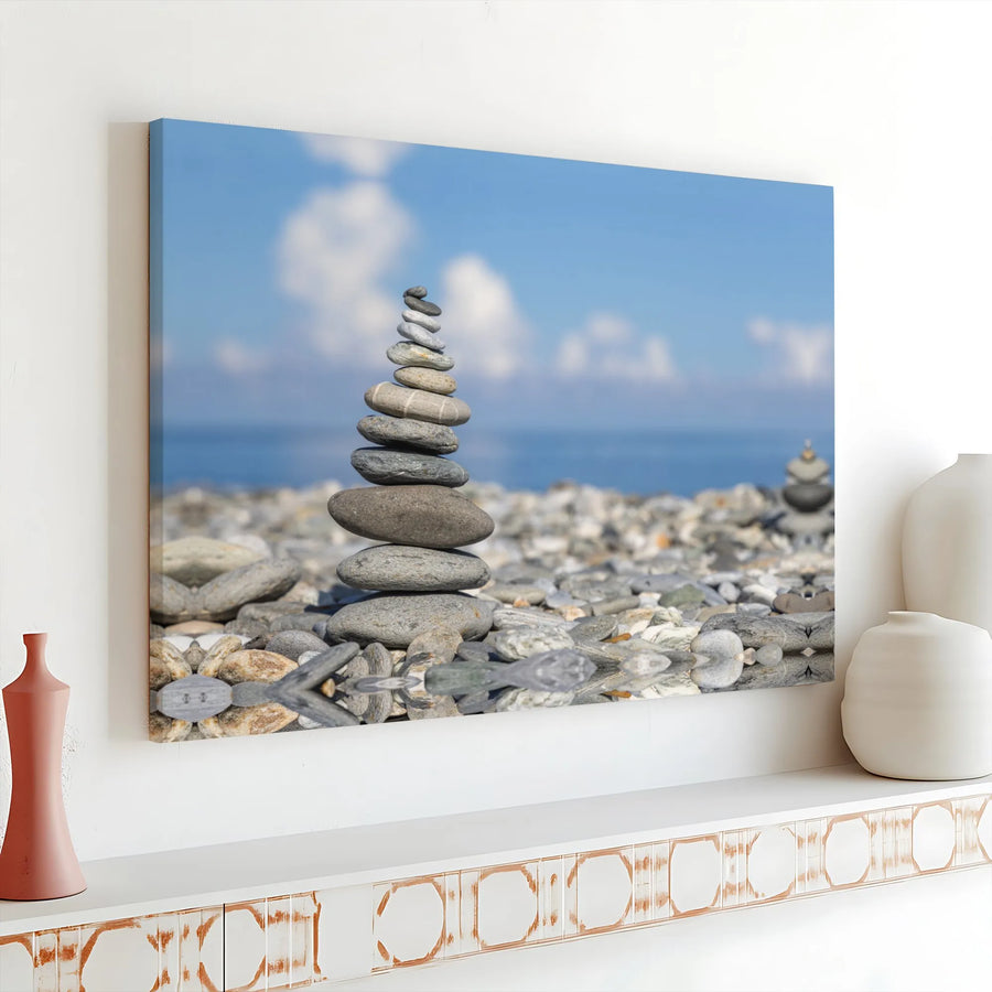 Zen Stacked Stone Canvas Wall Art | Serene Pebble Cairn Beach Photography | Premium 1.25" Gallery Wrap | Calming Home Office Decor