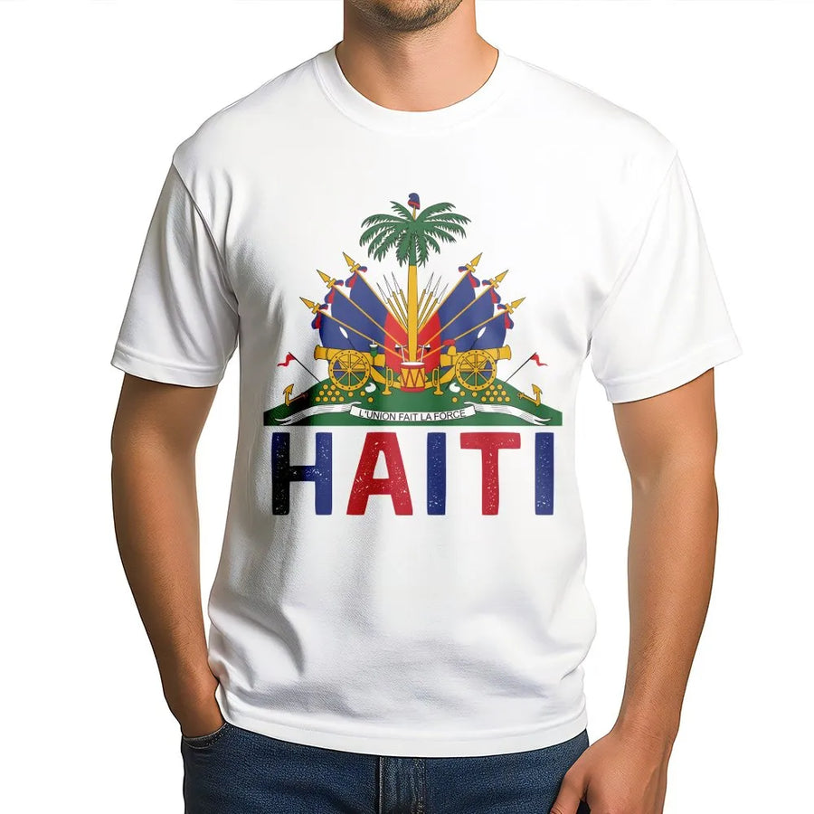 Haitian Pride T-Shirt | Vintage Haiti Coat of Arms Graphic | Soft 100% Cotton | Freedom Began With Us Patriotic Gift