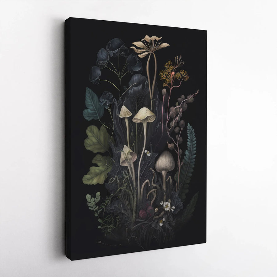 Dark Botanical Mushroom Canvas Print | Moody Wildflower Wall Art | Premium Gallery Wrapped Decor | Nature Lover Living Room Gift