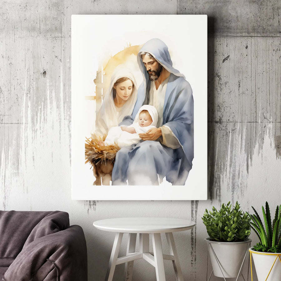 Holy Family Nativity Canvas Print | Watercolor Mary Joseph Baby Jesus | 1.25-Inch Gallery Wrap | Christian Christmas Home Decor Gift