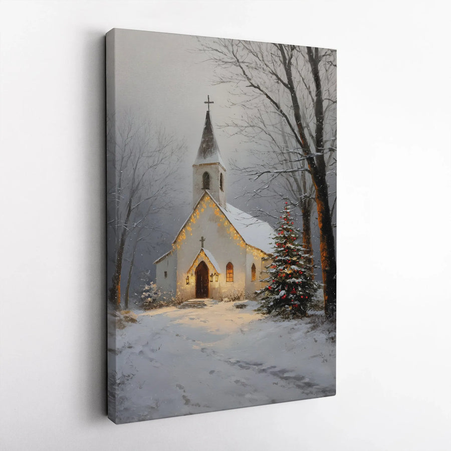 Winter Church Canvas Art | Snowy Christmas Tree Wall Decor | Premium Fade-Resistant Gallery Print | Holiday Home Gift For Religious Decor