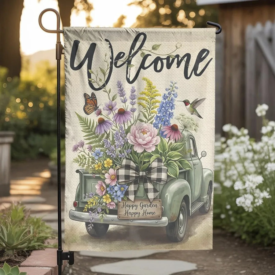Vintage Truck Welcome Garden Flag | Spring Wildflowers & Farmhouse Design | Double Sided Polyester | Outdoor Yard Decor & Housewarming Gift