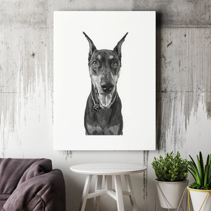 Doberman Pinscher Canvas Wall Art | Realistic Dog Portrait Sketch | Premium Gallery Wrapped Print | Gift for Dog Lover or Home Decor
