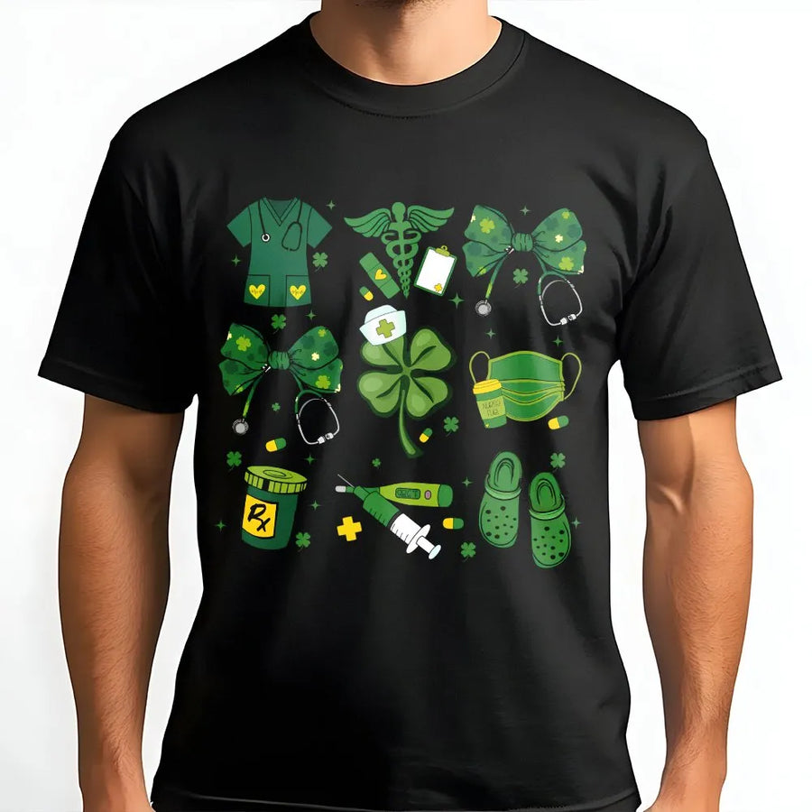 Lucky Nurse St Patrick's Day T-Shirt | Shamrock Medical Supplies Graphic | Premium Soft Cotton | Gift for Nursing Students and RNs