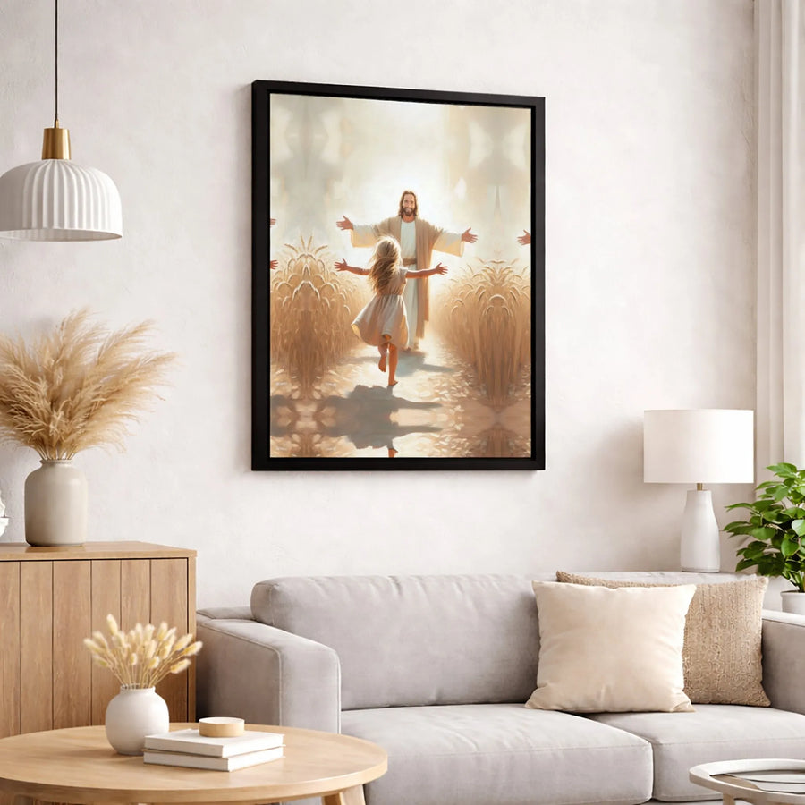 Jesus and Little Girl Canvas Print | Wheat Field Spiritual Wall Art | Gallery-Wrapped 1.25 Inch Profile | Christian Home Decor Gift