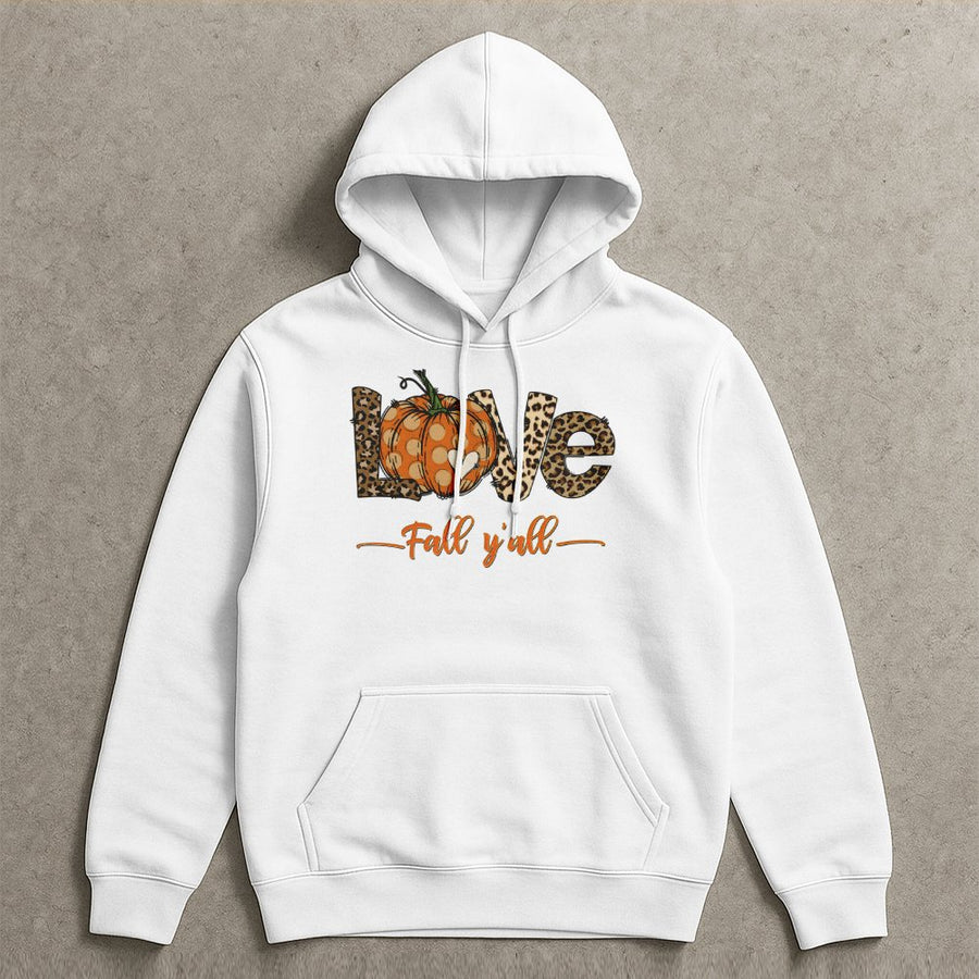 Fall Y’all Pumpkin Hoodie | Leopard Print Love Graphic | Premium Cotton Blend | Cozy Thanksgiving Autumn Gift for Women