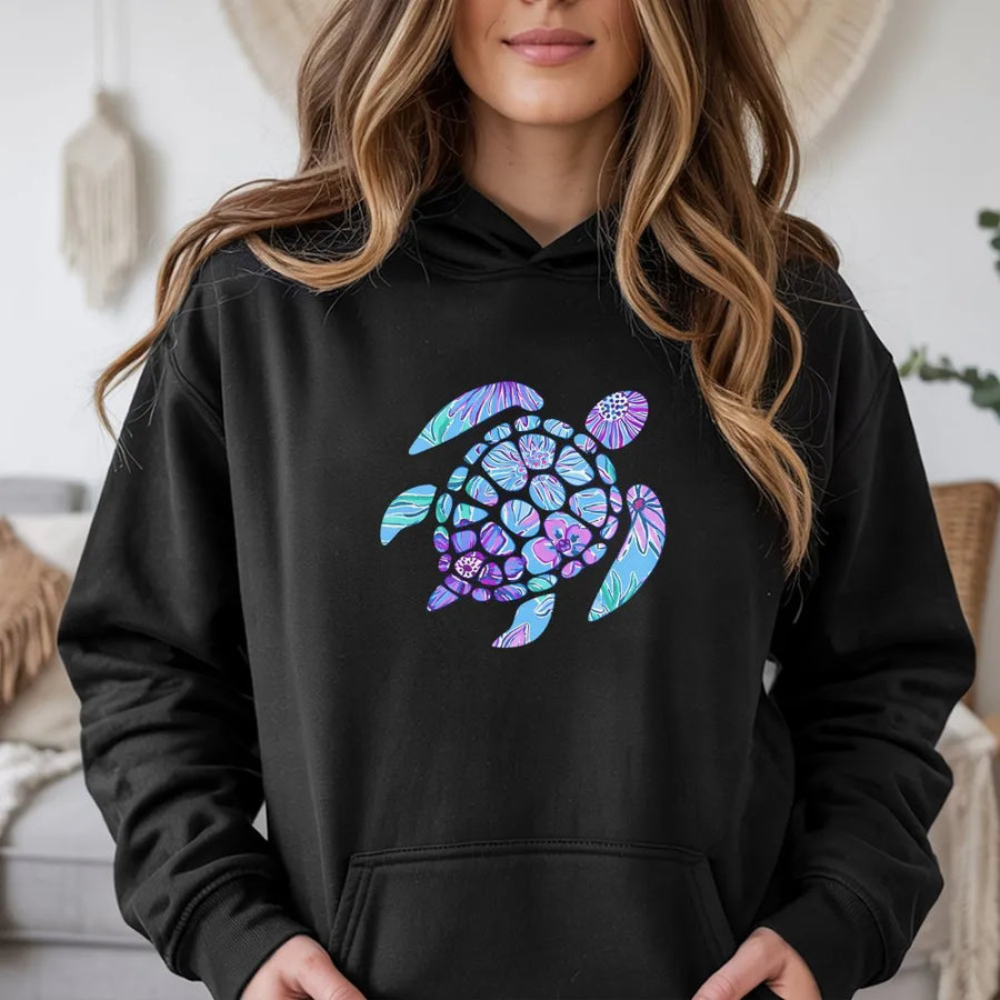 Floral Sea Turtle Hoodie | Colorful Marine Life Graphic Sweatshirt | Soft Cotton-Blend Pullover | Coastal Beach Gift for Ocean Lovers