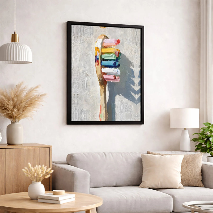 Toothbrush Wall Art | Abstract Impasto Oil Painting Style | Premium 1.25-Inch Gallery Wrapped Canvas | Colorful Bathroom Decor Gift