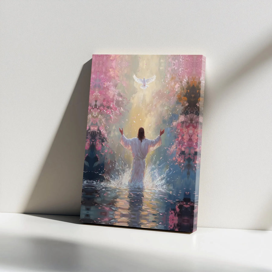 Jesus Christ Canvas Wall Art | Baptism Painting with Holy Spirit Dove | Premium Gallery Wrapped Print | Christian Religious Home Decor Gift