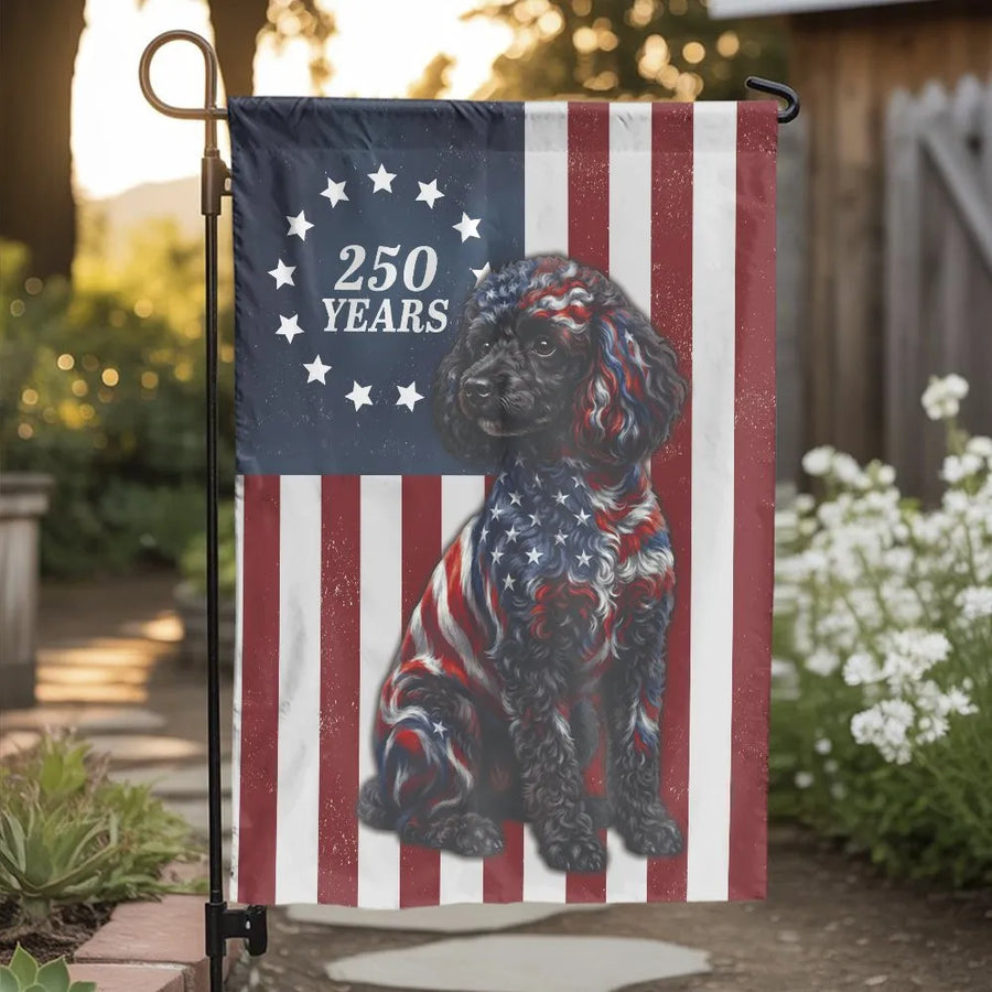Patriotic Poodle Garden Flag | 250 Years US Semi-Quincentennial Celebration | Double Sided Premium Outdoor Polyester | USA Pride Yard Decor Gift for Dog Lovers