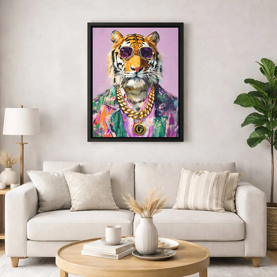 Cool Tiger Wall Art | Hip Hop Style Animal Portrait with Gold Chain | Premium Fade-Resistant Canvas | Bold Modern Home Decor for Living Room