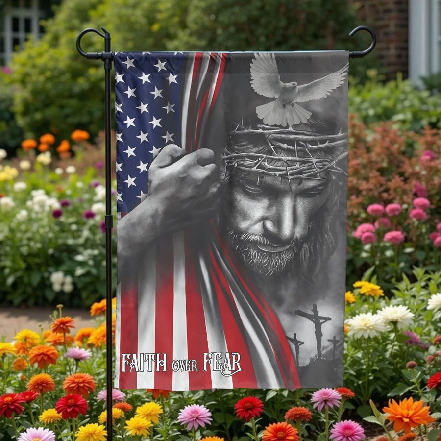 Jesus Flag Faith Over Fear | Patriotic American Flag & Religious Wall Art | Weather-Resistant Polyester | Gift for Christian Home Decor